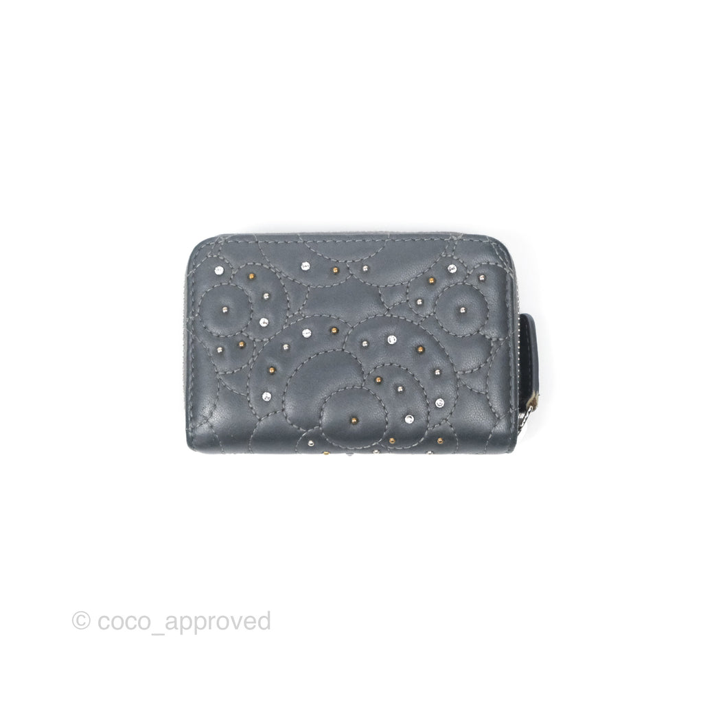 Chanel Camellia Studded Zip Card Holder Grey Silver Hardware