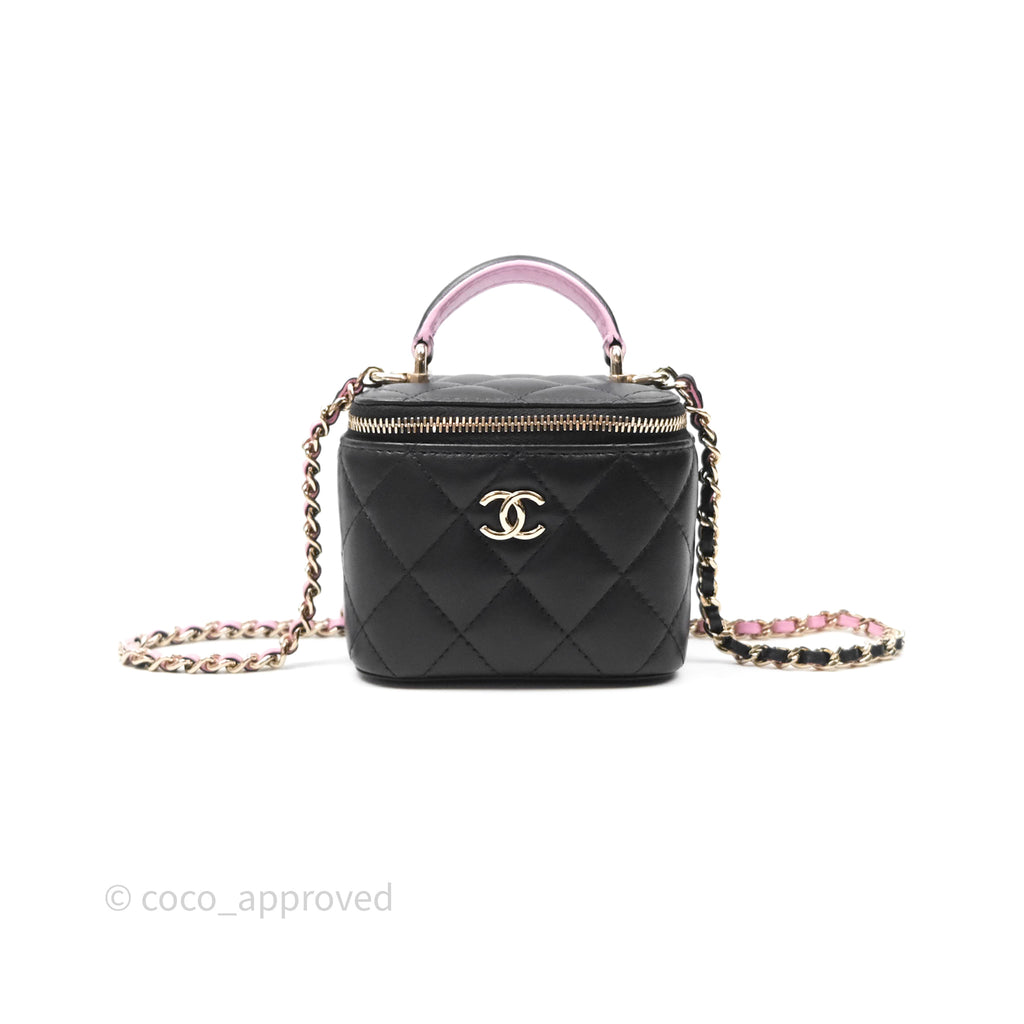 Chanel Mini Top Handle Vanity With Chain Black/ Pink Lambskin Gold Hardware