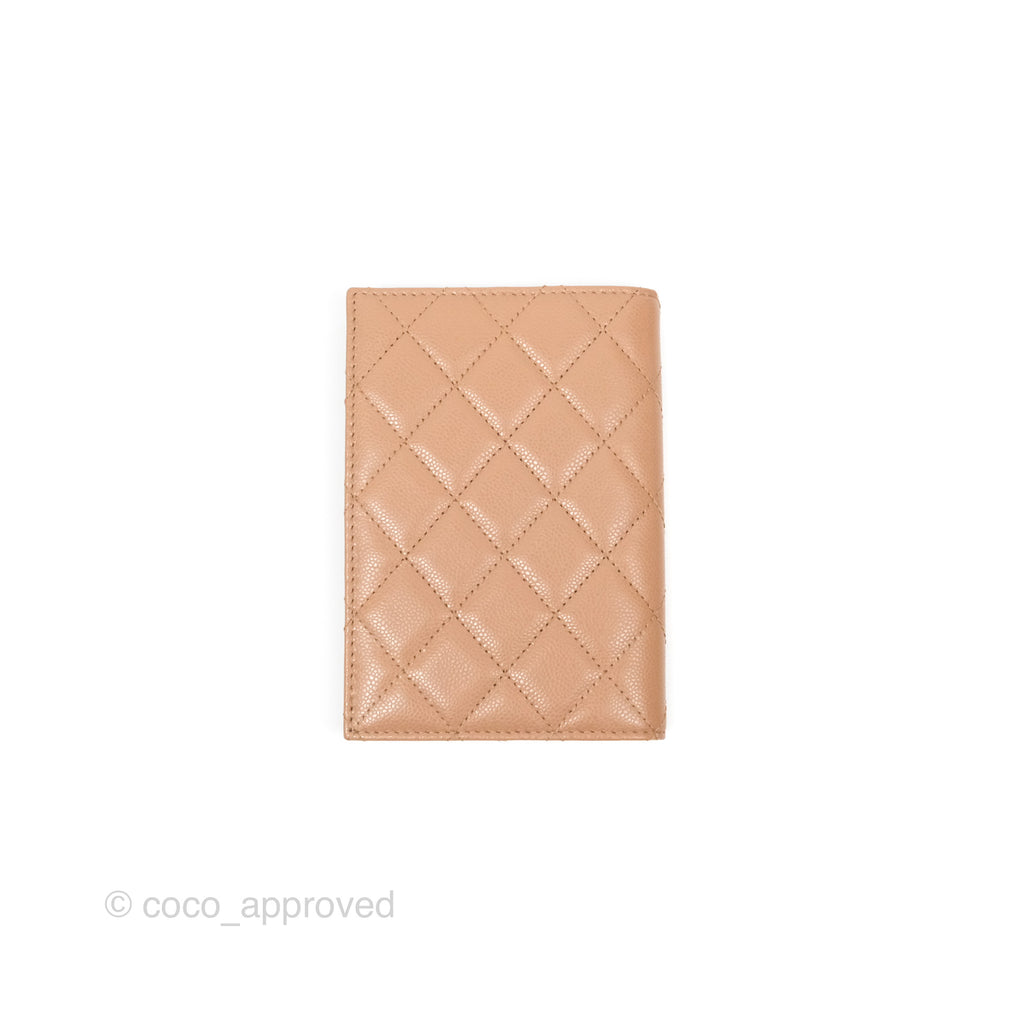 Chanel Classic Quilted Passport Holder Caviar Beige Gold Hardware