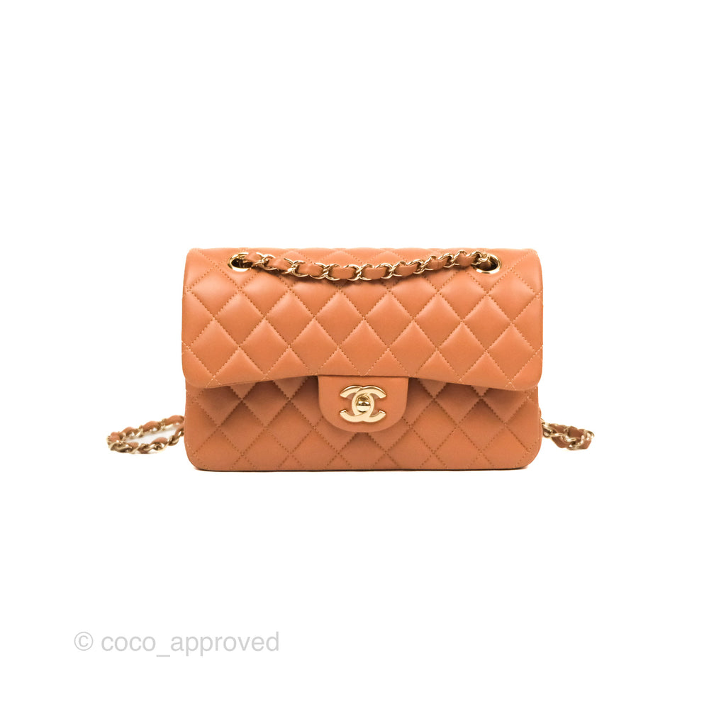 Chanel Small Classic Quilted Flap Dark Beige Caramel Lambskin Gold Hardware