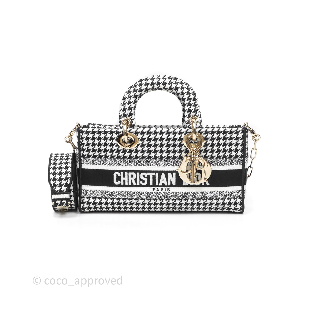 Christian Dior Medium Lady D-Joy Bag Black White Houndstooth Gold Hardware