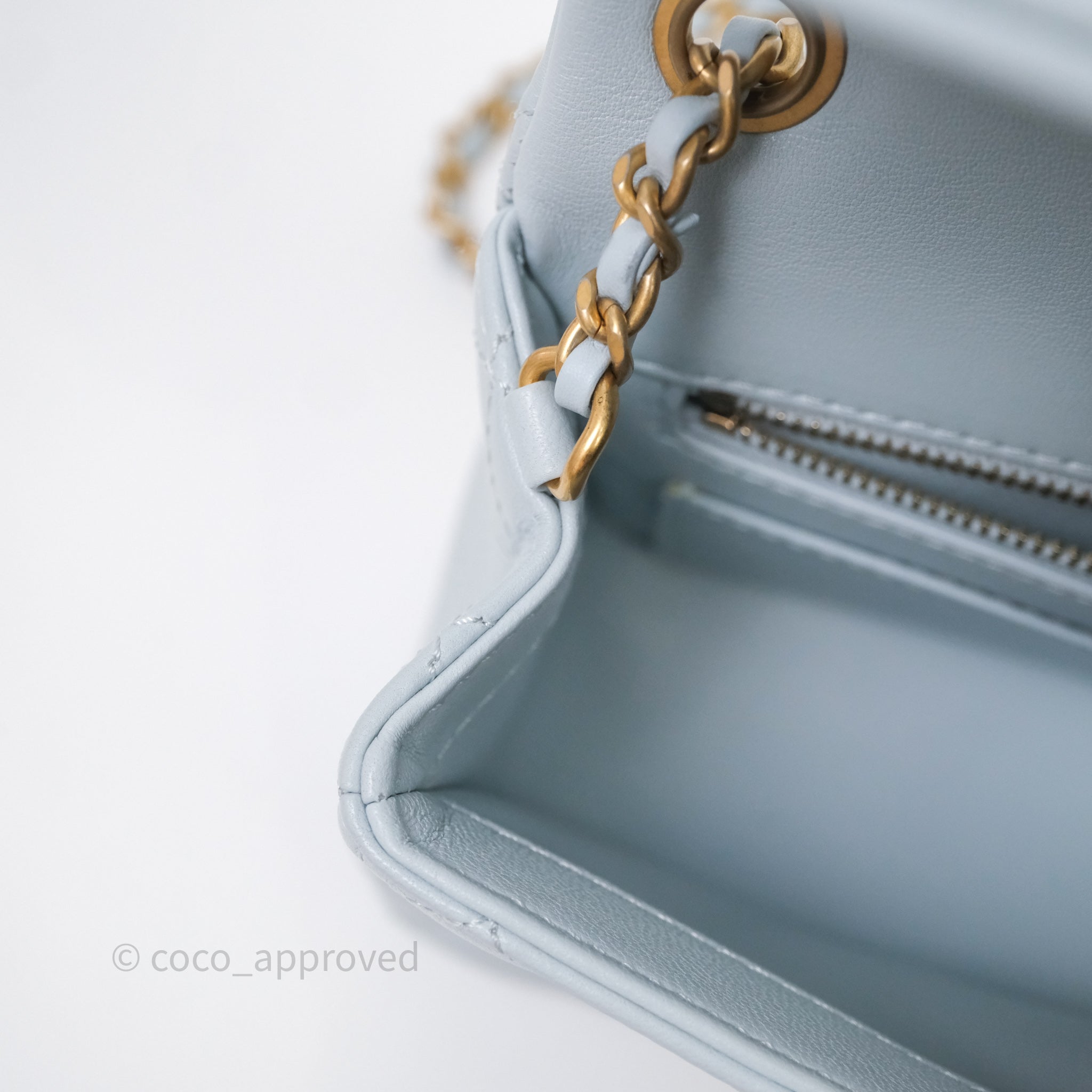 Chanel Pearl Crush Mini Rectangular Light Blue Lambskin Aged Gold