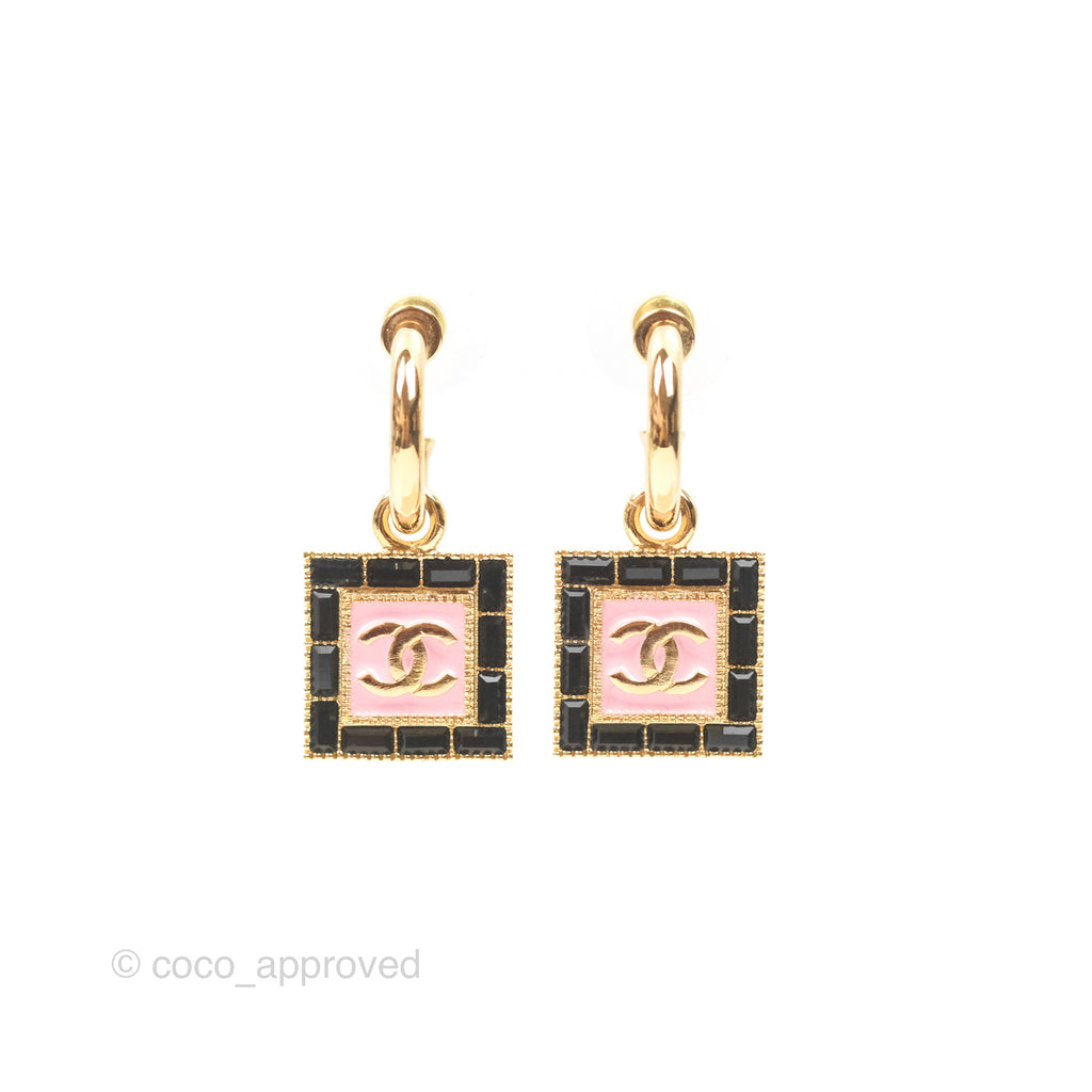 Chanel Square Pink CC Hoop Earrings Gold Tone 24S