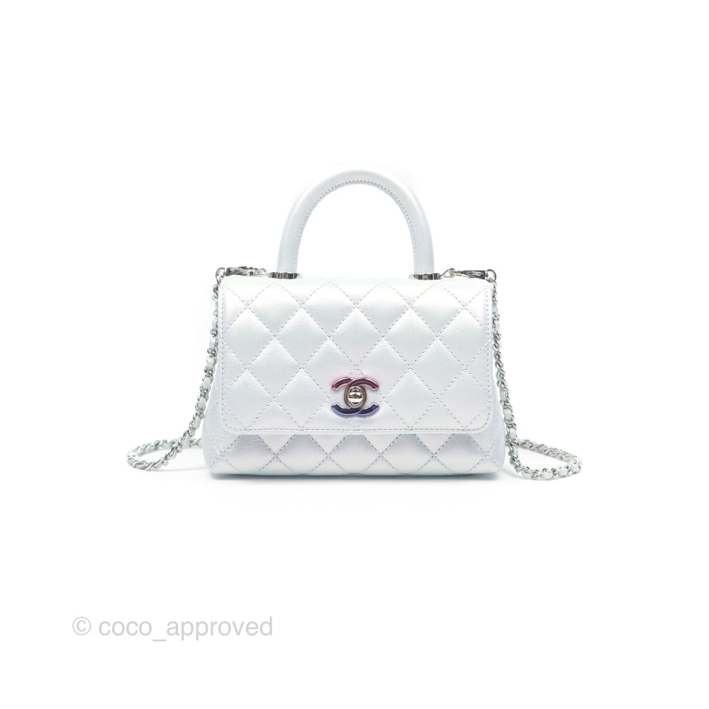 Chanel Mini Coco Handle Quilted Iridescent Light Blue Caviar Rainbow Hardware