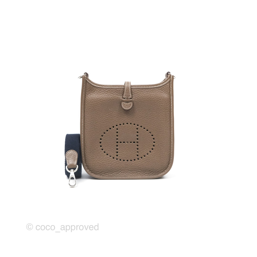 Hermès Mini Evelyne 16 Etoupe 18 Clemence Palladium Hardware with Bleu Indigo Strap