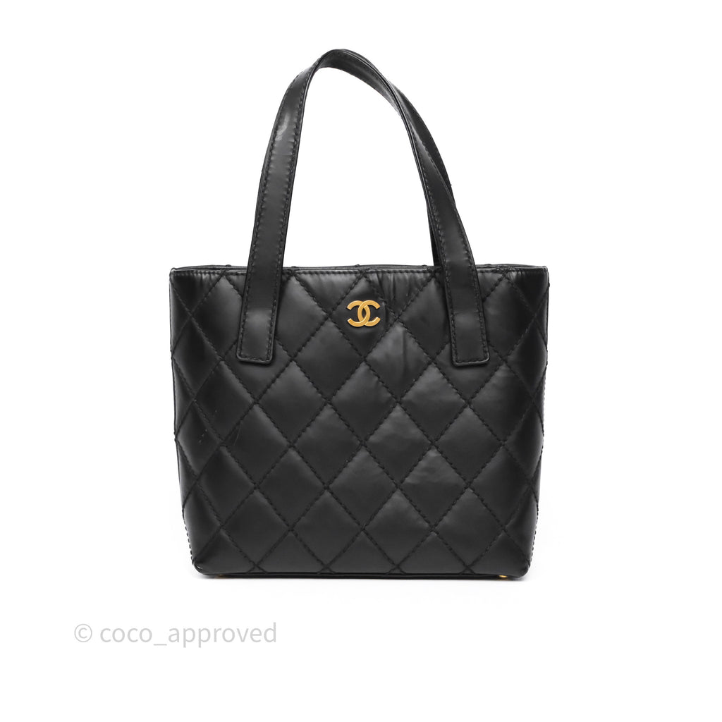 Chanel Vintage Quilted CC Tote Bag Matte Black Calfskin Gold Hardware