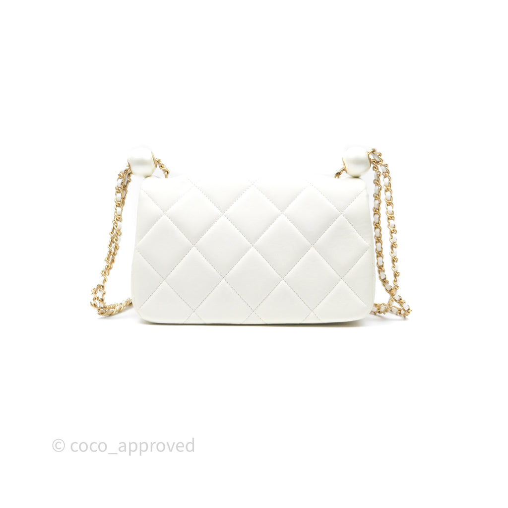 Chanel Quilted Double Pearl Adjustable Chain Flap Bag White Lambskin Aged Gold Hardware 24S