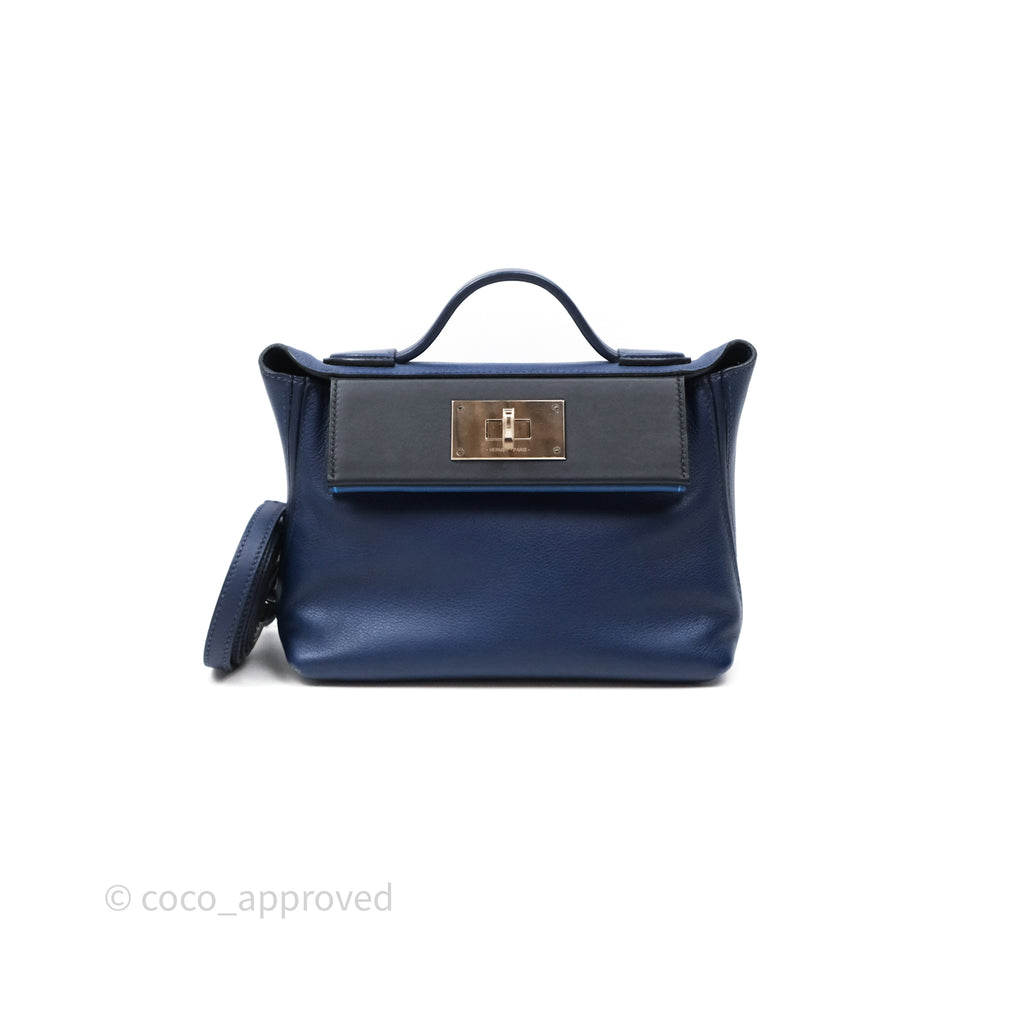 Hermès 24/24 21 Mini Bleu Saphir 73/ Bleu Indigo 76/ Bleu France 71 Evercolor/ Swift Palladium Hardware