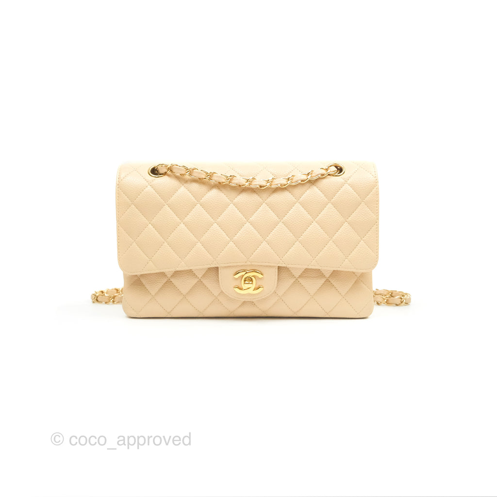 Chanel Classic M/L Medium Flap Quilted Beige Caviar Gold Hardware