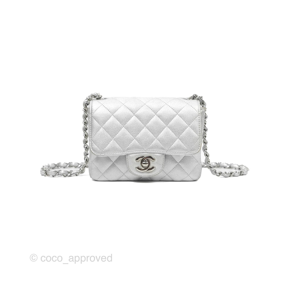 Chanel Classic Quilted Mini Square Flap Silver Lambskin Silver Hardware