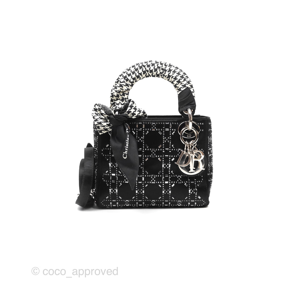 Christian Dior Mini Lady Dior Bag Black Strass Cannage Satin Silver Hardware