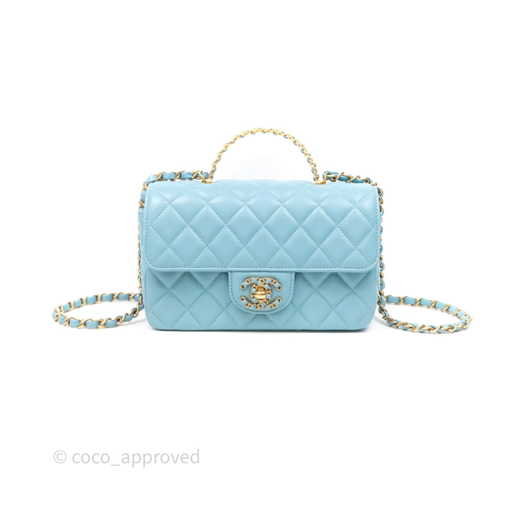 Chanel Flap Bag with Crystal Logo Top Handle Tiffany Blue Lambskin Aged Gold Hardware