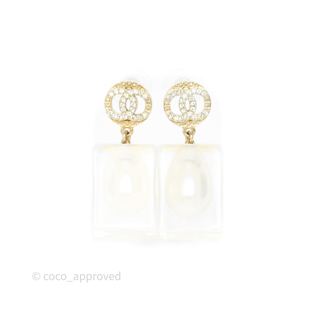 Chanel CC Crystals Pearl Resin Cube Drop Earrings 19K