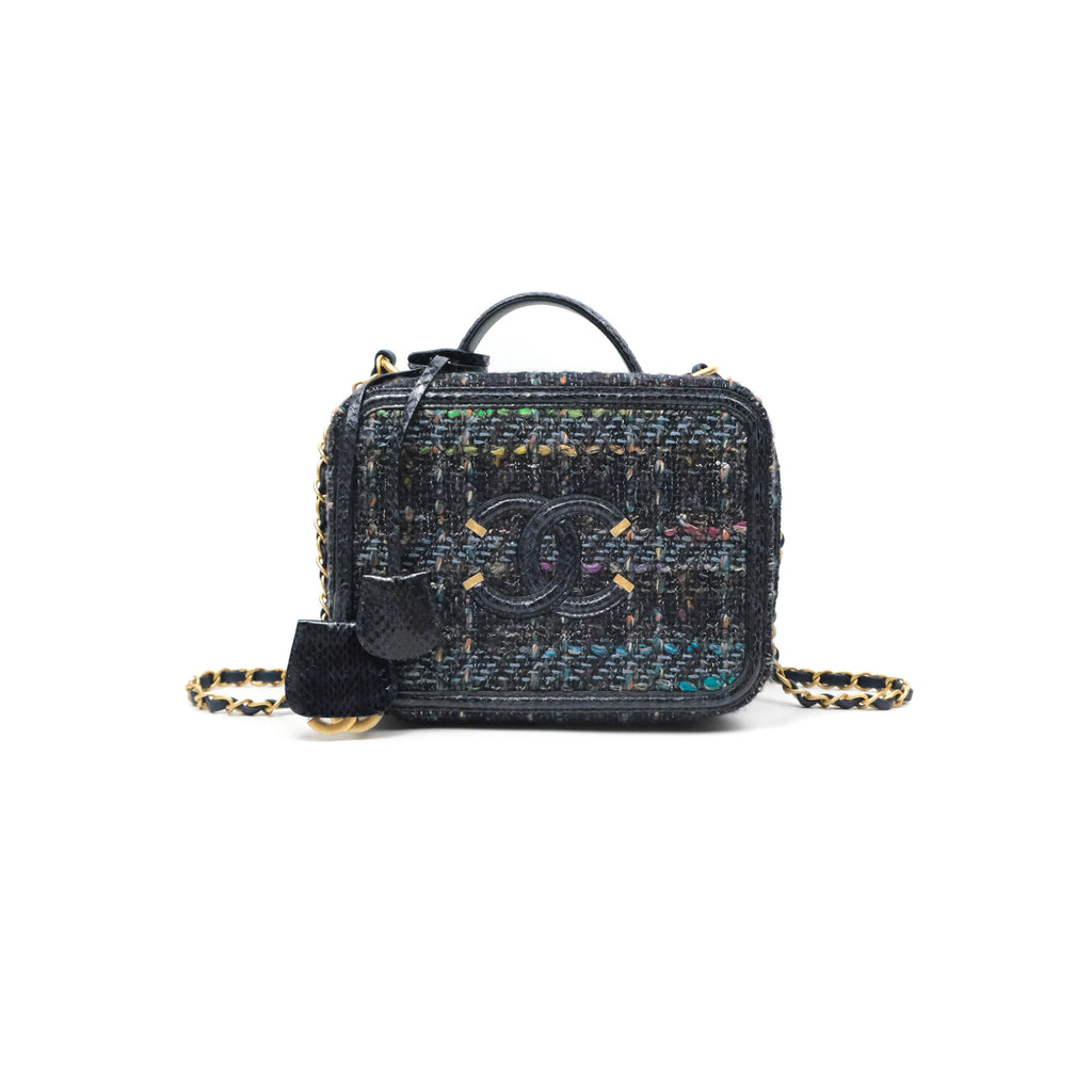 Chanel Quilted Medium CC Filigree Vanity Case Navy Tweed Python