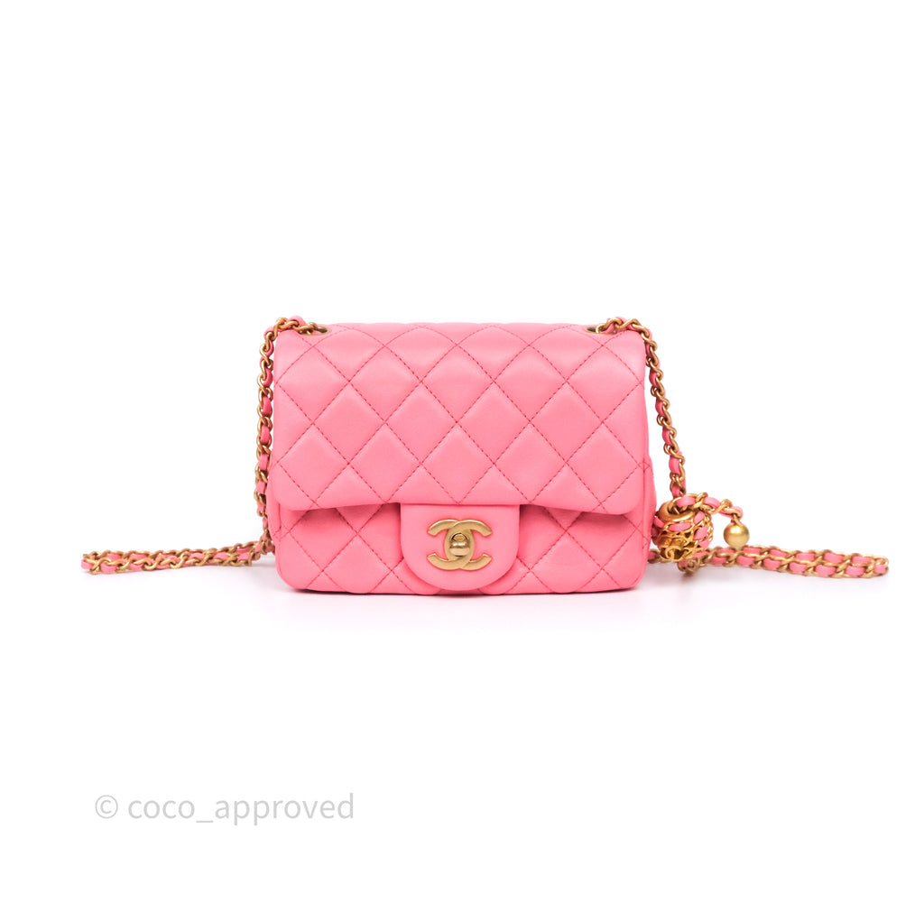 Chanel Pearl Crush Mini Square Quilted Pink Lambskin Aged Gold Hardware