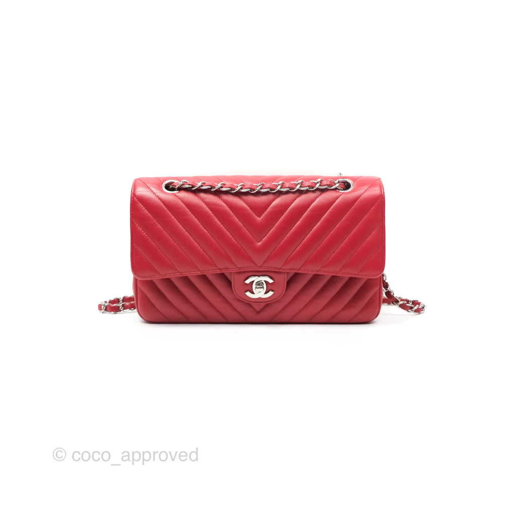 Chanel Medium Classic Flap Chevron Red Caviar Silver Hardware