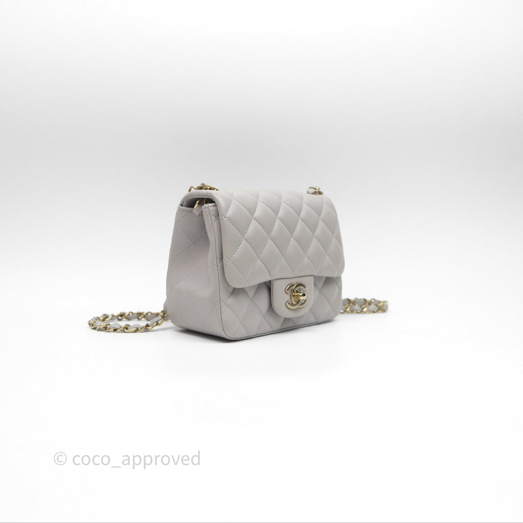 Chanel Mini Square Flap Quilted Light Grey Lambskin Gold Hardware