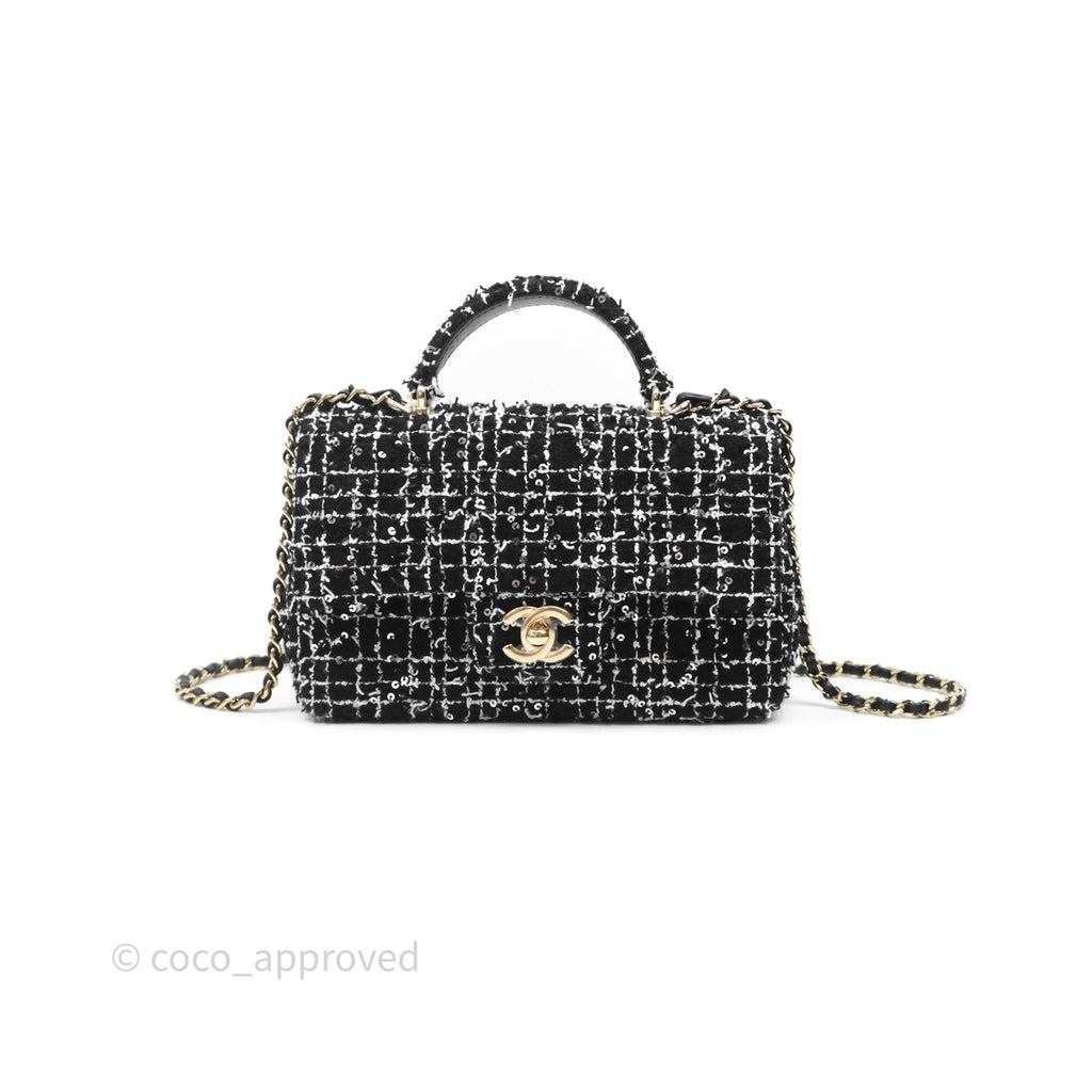 Chanel Top Handle Mini Rectangular Flap Black/ White Sequin Tweed Gold Hardware 24P