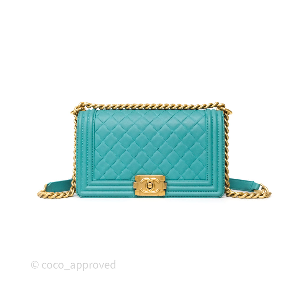 Chanel Medium Boy Quilted Turquoise Calfskin Aged Gold Hardware