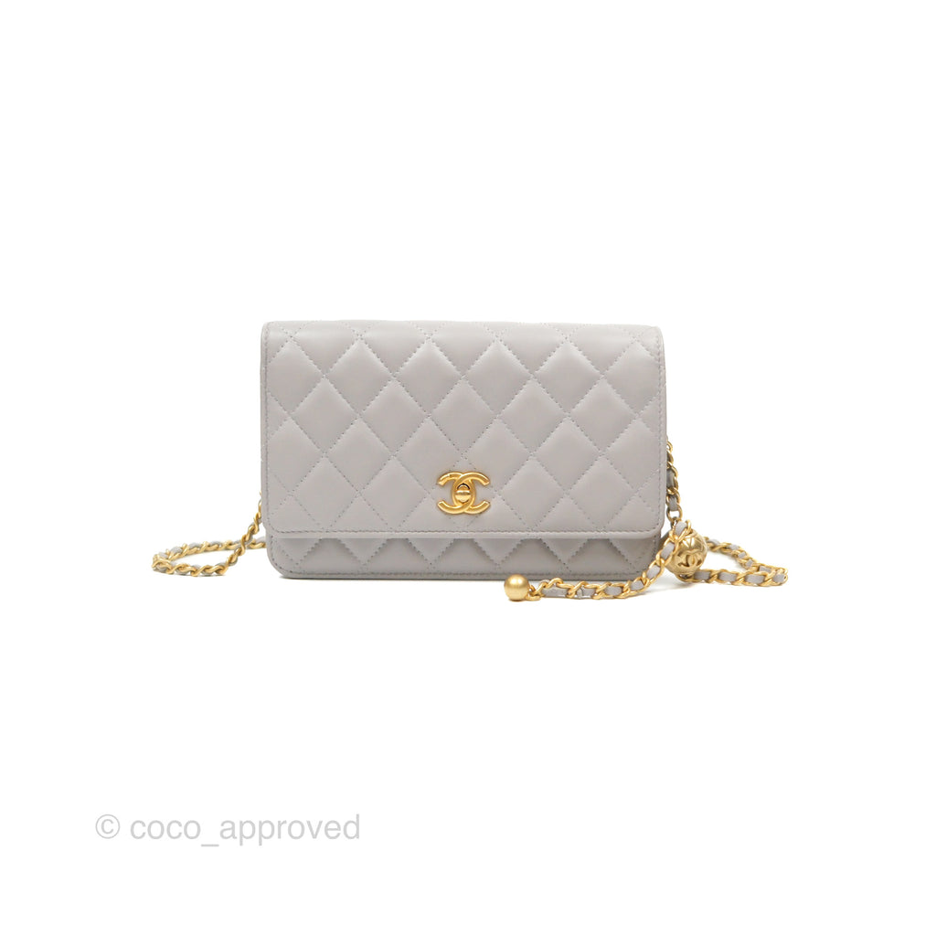 Chanel Pearl Crush Quilted Wallet on Chain WOC Light Grey Lambskin