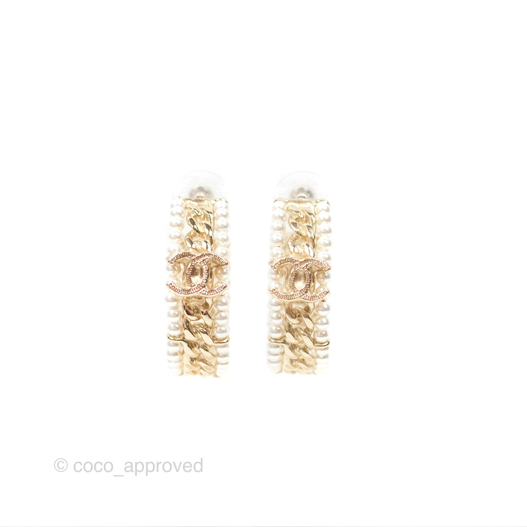 Chanel CC Pearl Hoop Earrings Gold Tone 20C