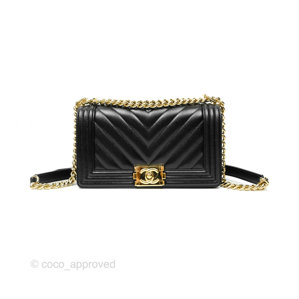 Chanel Medium Boy Chevron Black Caviar Gold Hardware