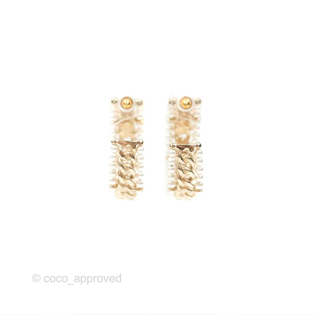 Chanel CC Pearl Hoop Earrings Gold Tone 20C