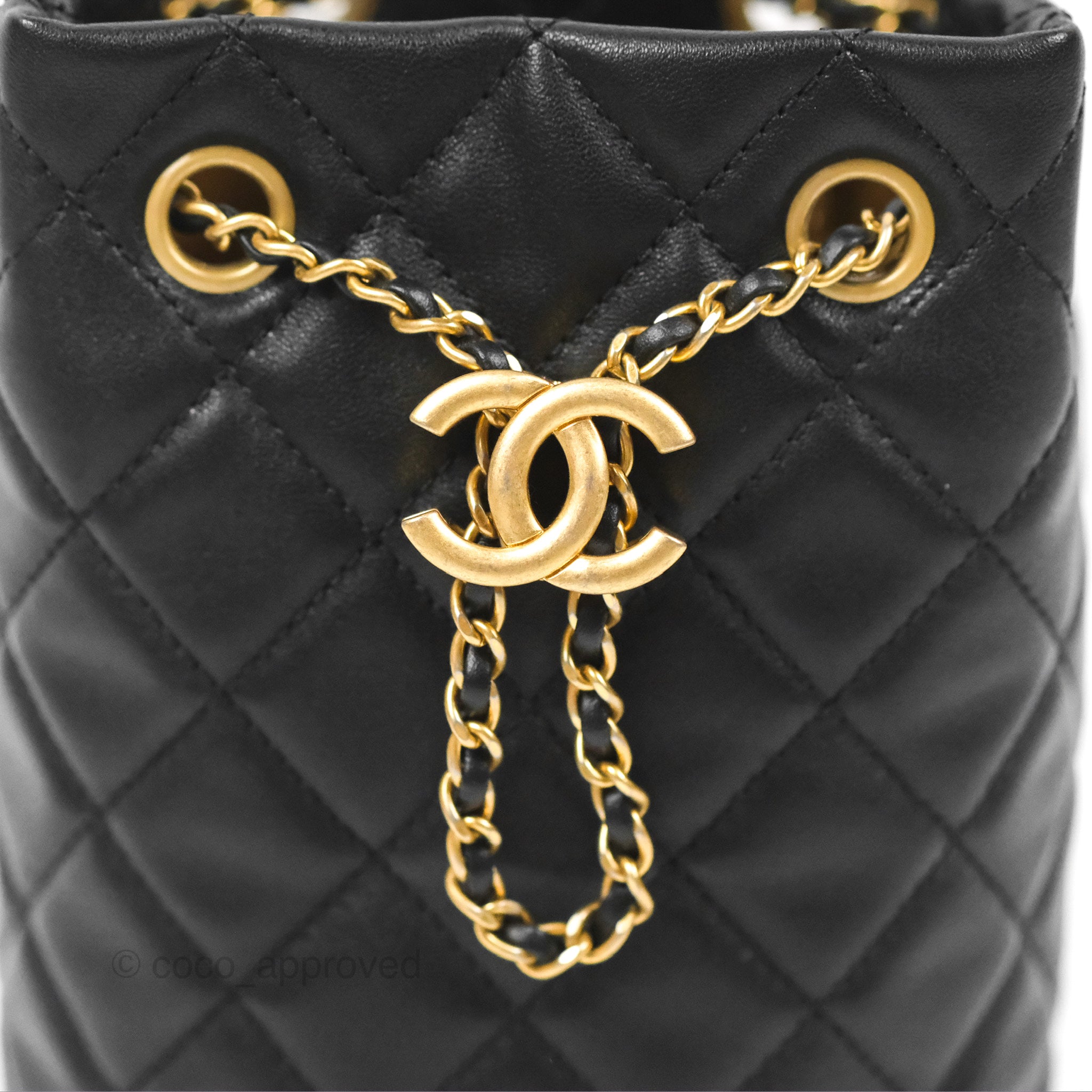 Chanel Pearl Crush Bucket Bag Black Lambskin Aged Gold Hardware – Coco  Approved Studio