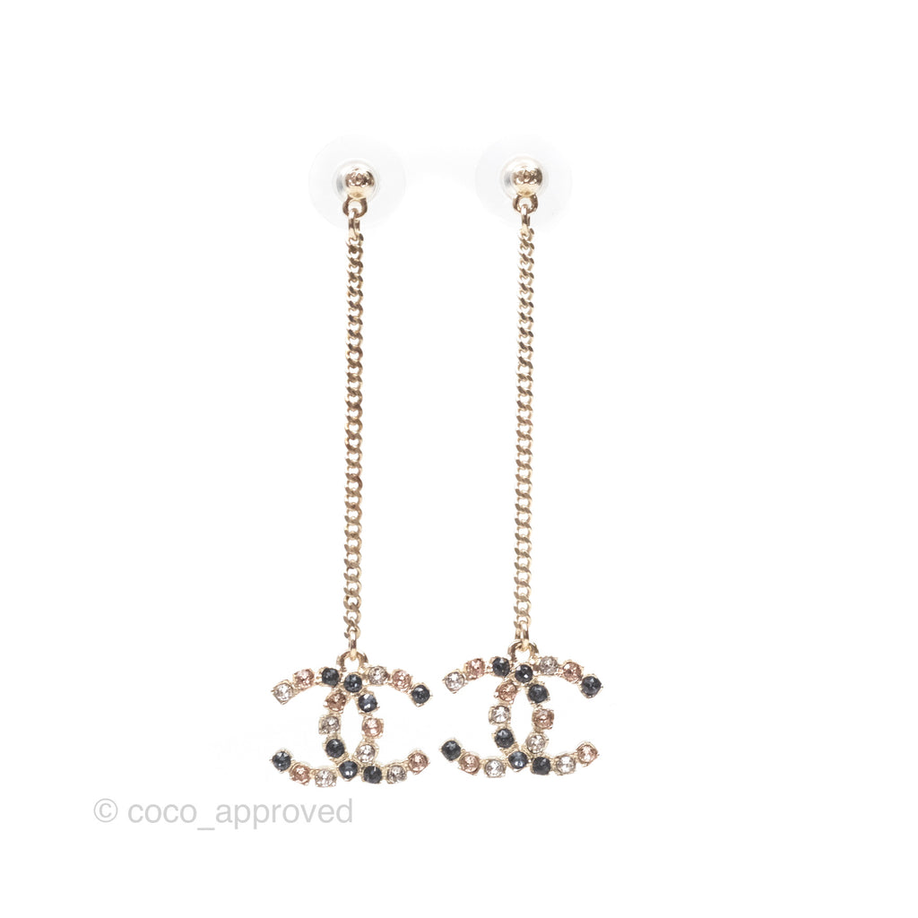 Chanel Crystal CC Long Drop Earrings Gold Tone 19A