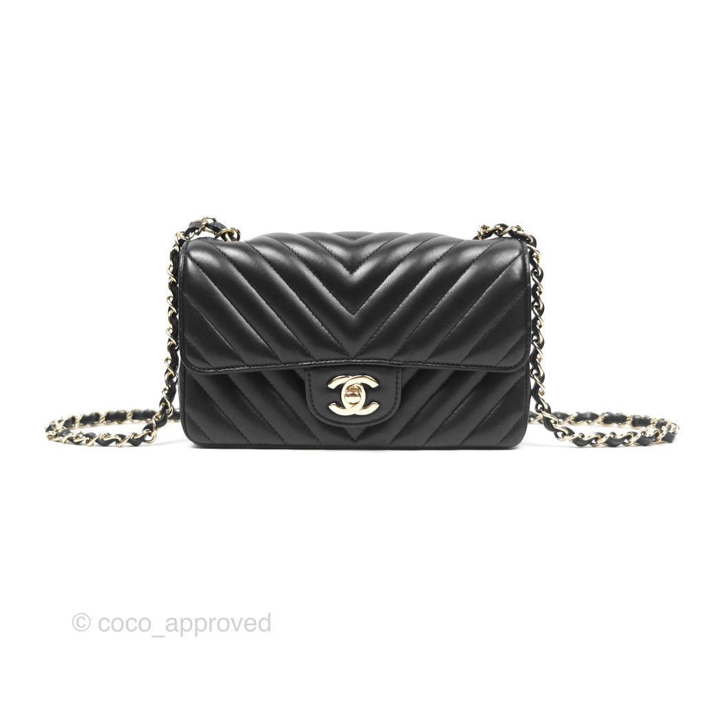 Chanel Mini Rectangular Flap Chevron Black Lambskin Gold Hardware