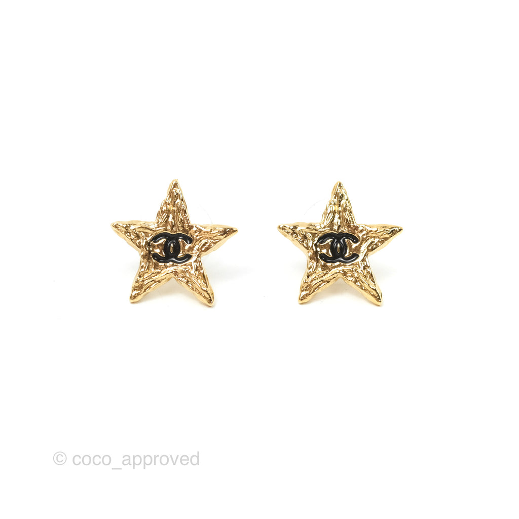 Chanel Star Black CC Earrings Gold Tone 24P