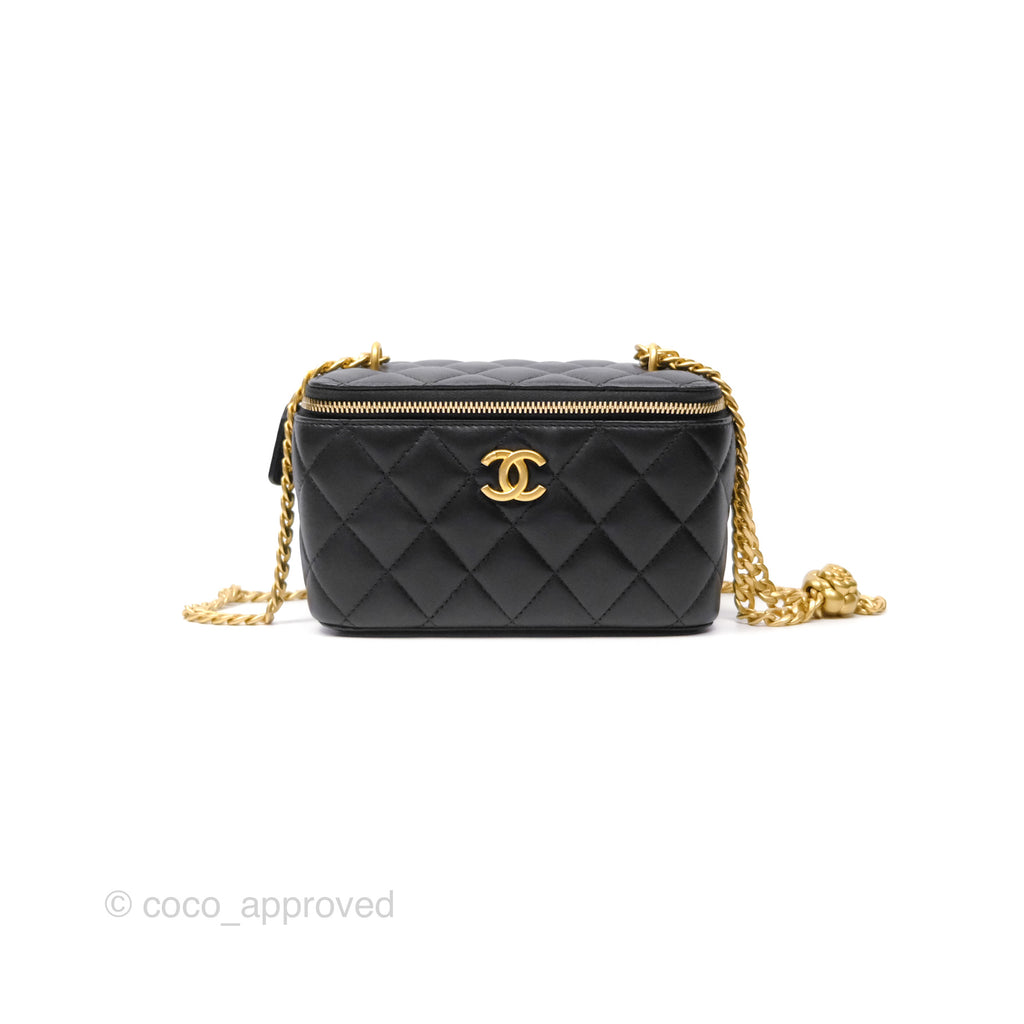 Chanel Quilted Vanity Rectangular with Camellia Adjustable Chain Black Lambskin 23S