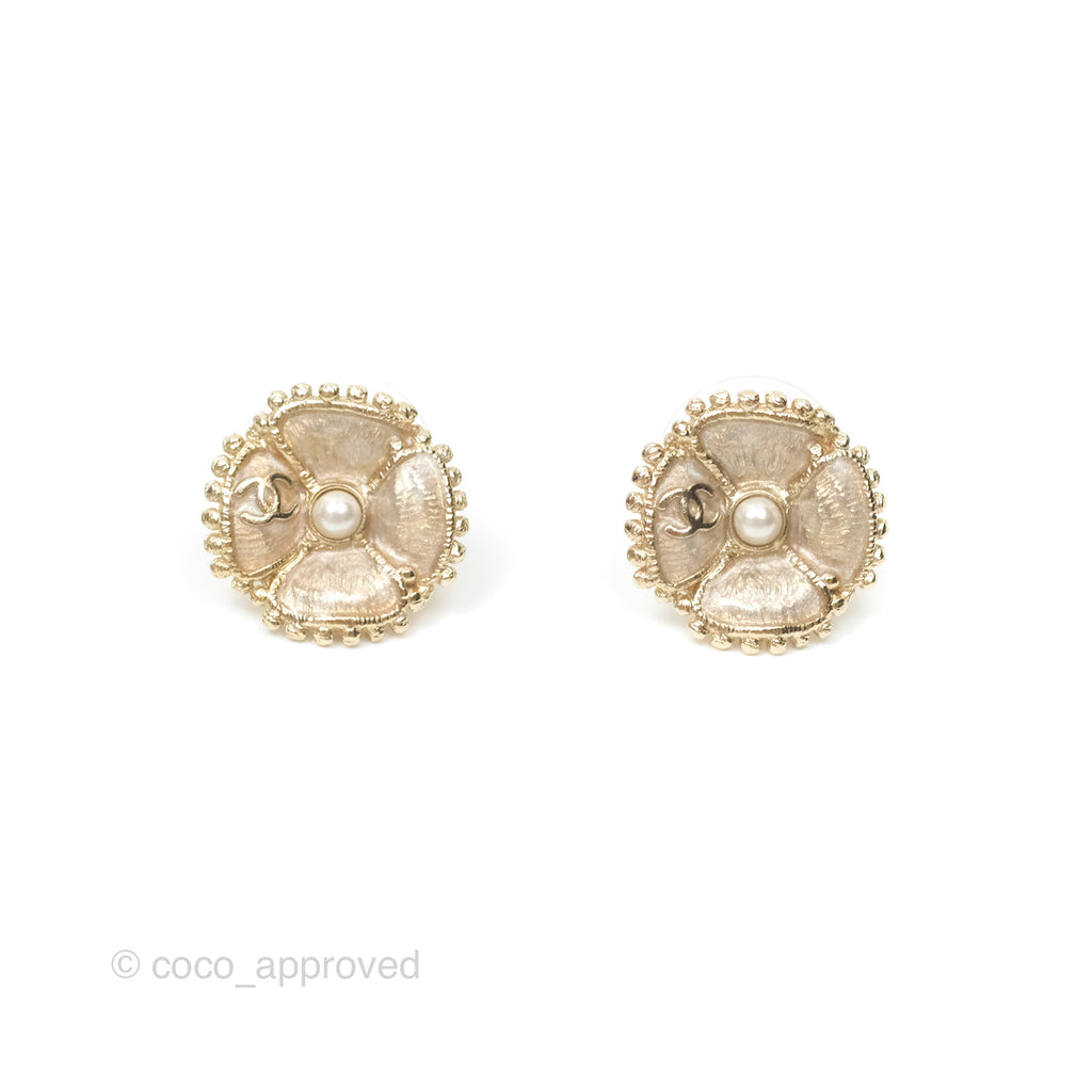 Chanel Camellia Pearl Earrings Gold Tone 23K