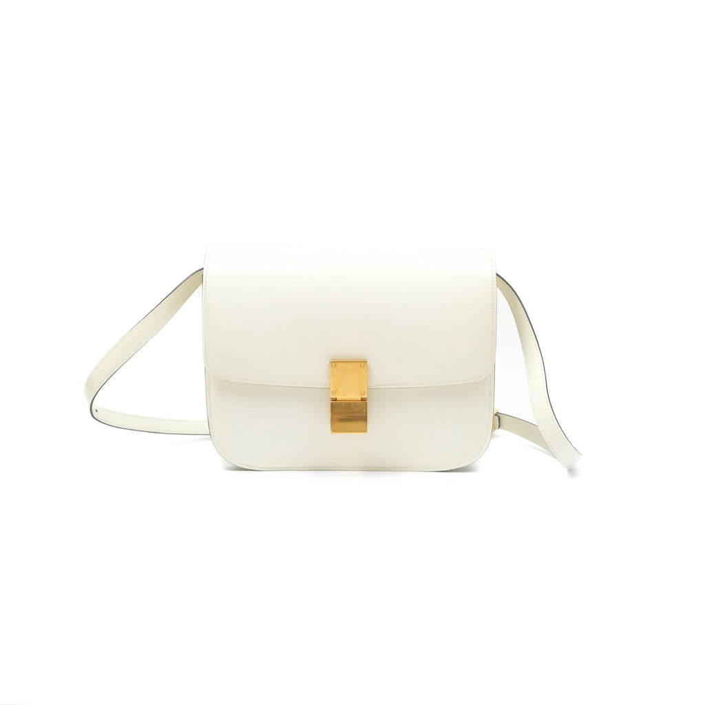 Celine Medium Classic Box Flap White Patent Gold Hardware