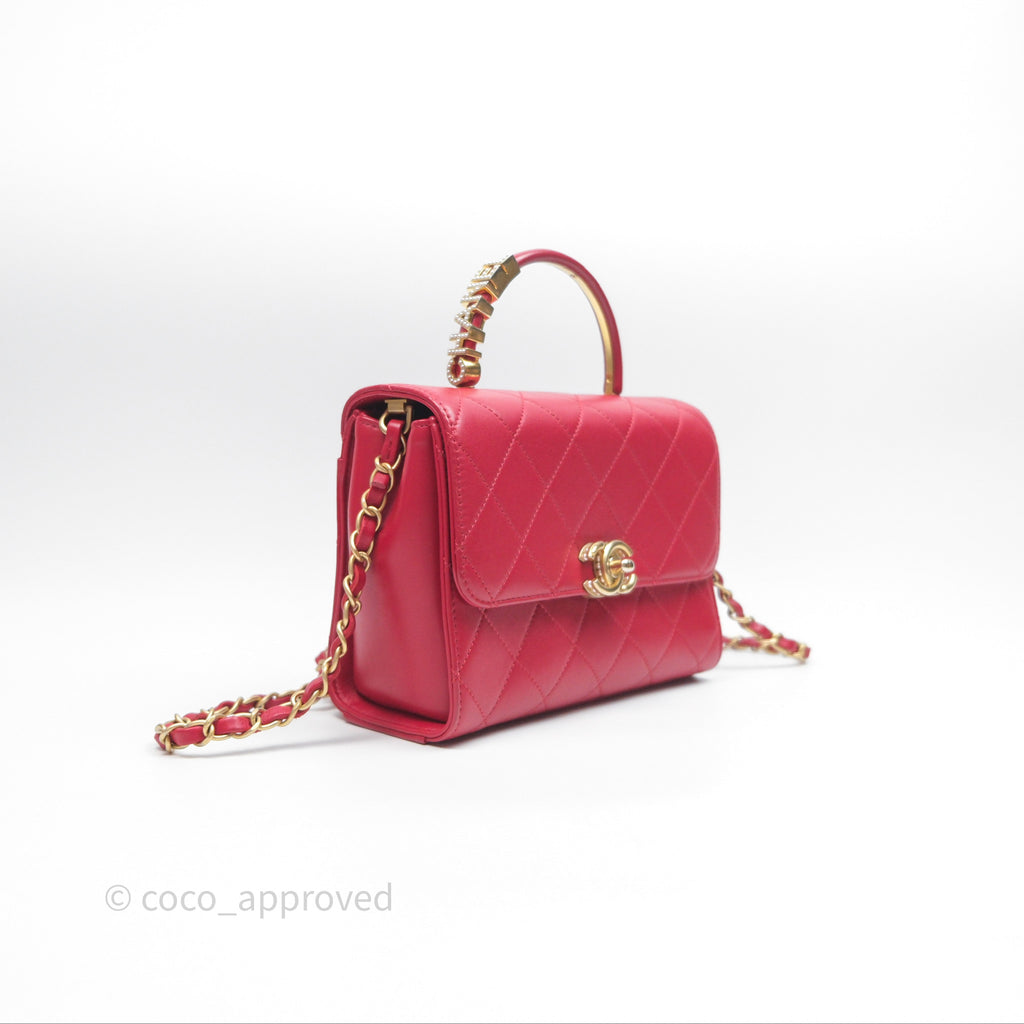 Chanel Quilted Flap Bag  with Pearl Logo Top Handle Red Lambskin Aged Gold Hardware