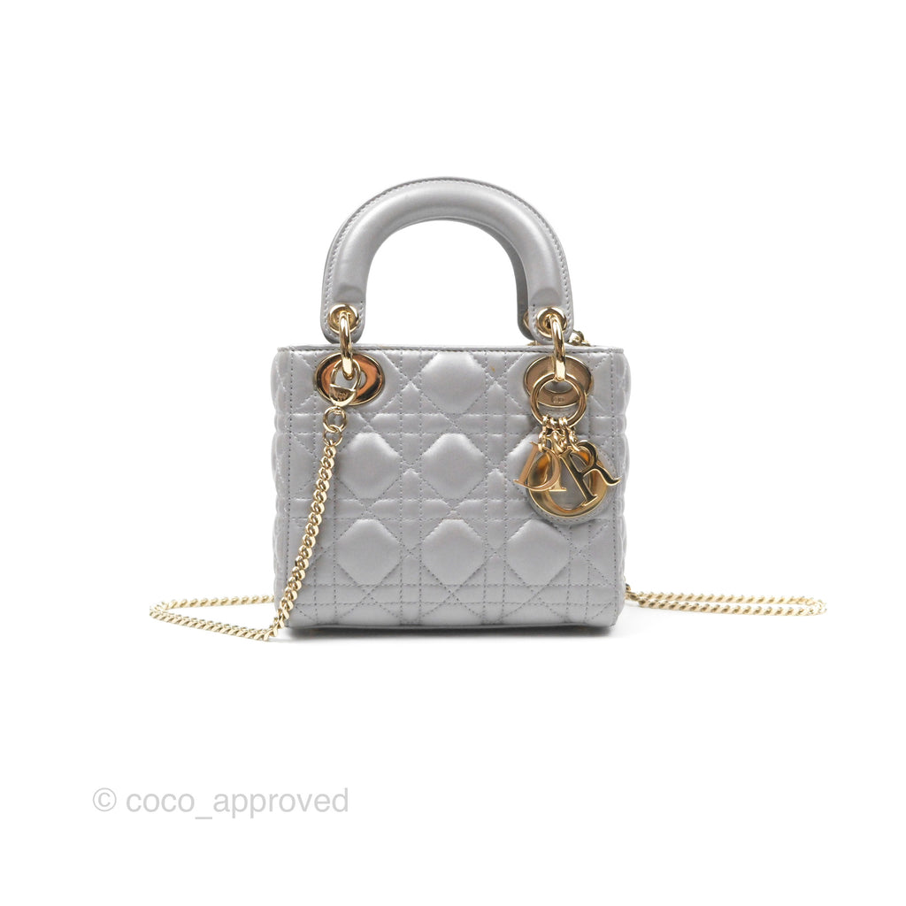 Christian Dior Lambskin Cannage Mini Lady Dior Grey Gold Hardware