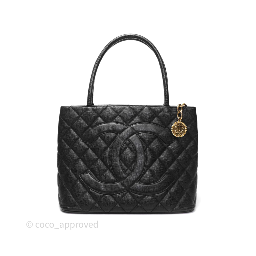 Chanel Vintage Medallion CC Black Caviar Tote Bag Gold Hardware