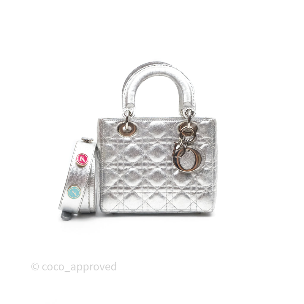 Christian Dior Small Lady Dior My ABCDior Silver Metallic Grained Calfskin Cannage