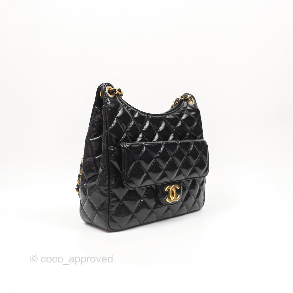 Chanel Medium Quilted Wavy CC Hobo Black Patent Aged Gold Hardware