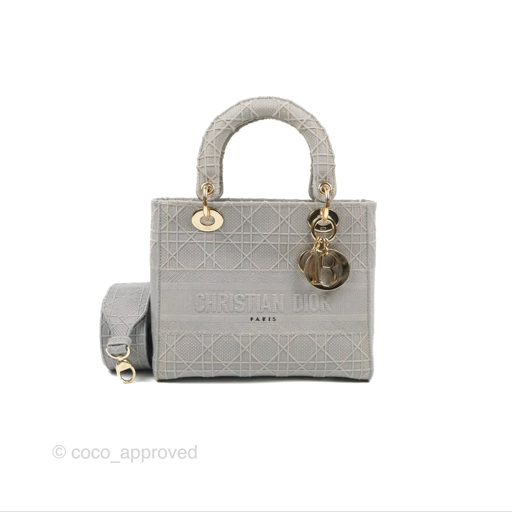 Christian Dior Medium Lady D-Lite Bag Gray Cannage Embroidery Gold Hardware