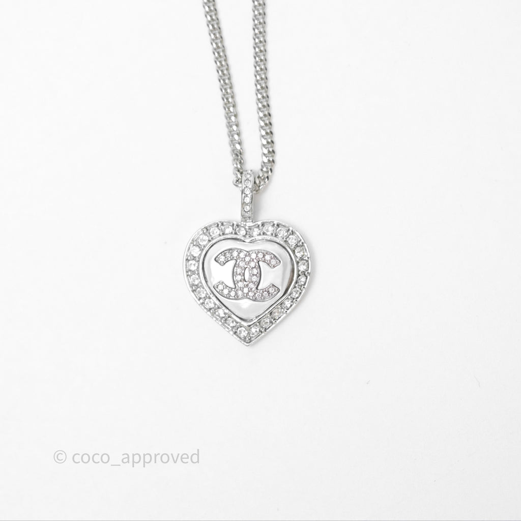 Chanel Pearl Crystal CC Heart Necklace Silver Tone 23B