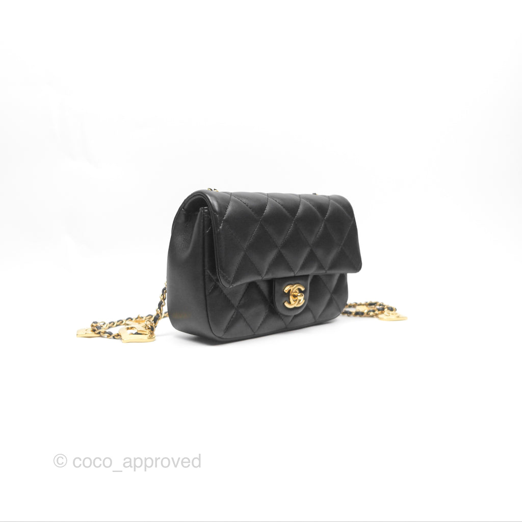 Chanel Mini Flap Bag With Heart CC Charm Black Lambskin Aged Gold Hardware