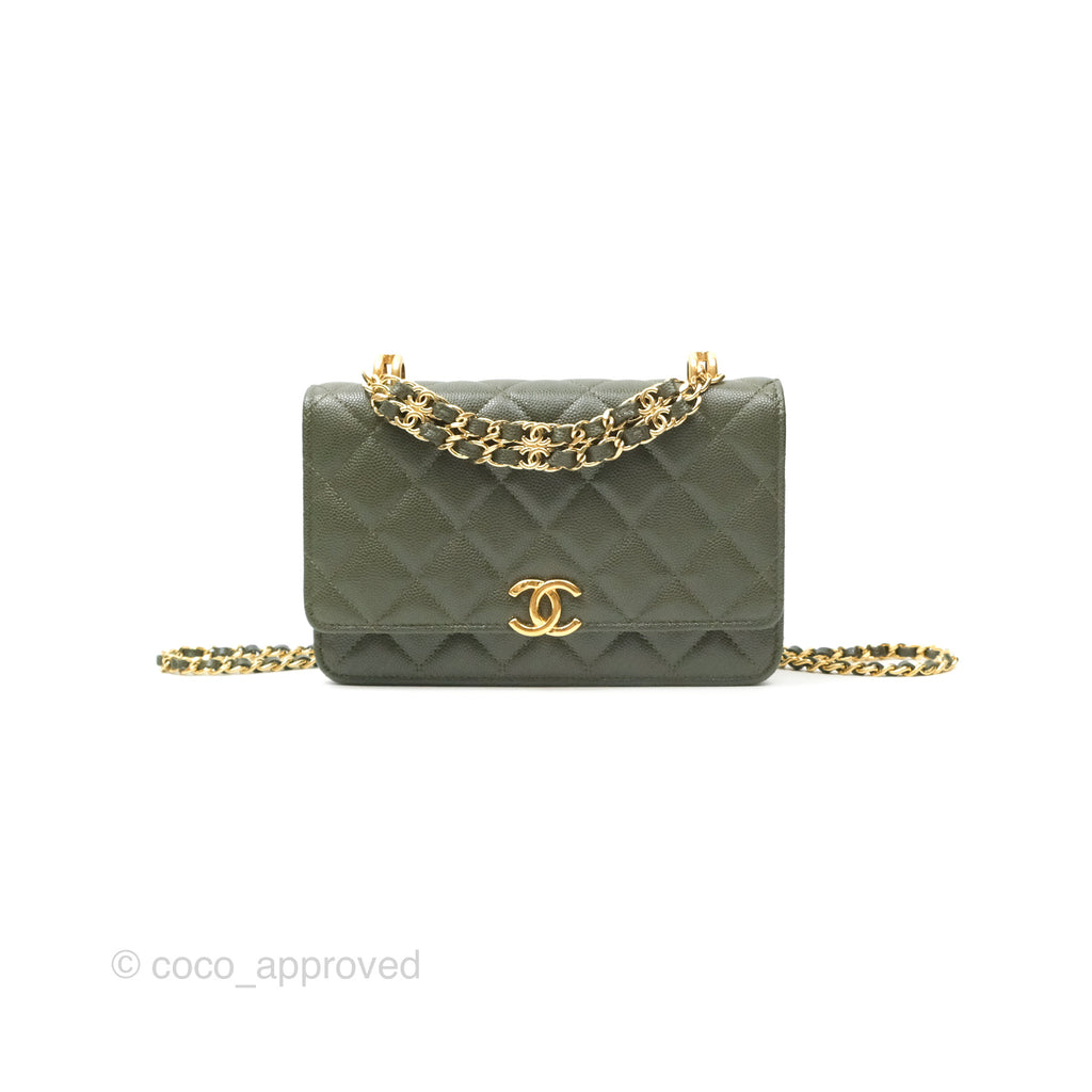 Chanel Coco First Wallet On Chain WOC Dark Olive Green Caviar Gold Hardware 22K