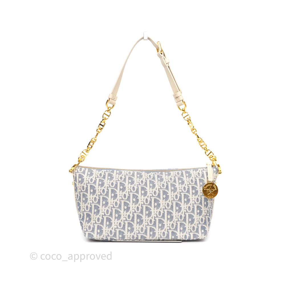 Christian Dior Diorstar Hobo Bag with Chain Blue Dior Oblique Chambray with Raffia Effect