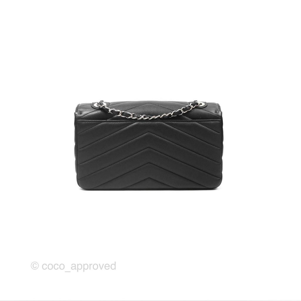 Chanel Chevron Flap Bag Black Caviar Silver Hardware