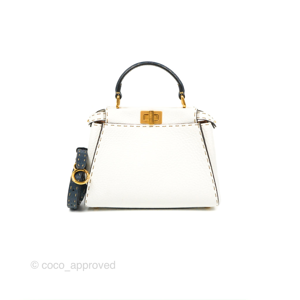 Fendi Mini Peekaboo Bag Contrast Stitch Off White /NavyGrained Leather Gold Hardware