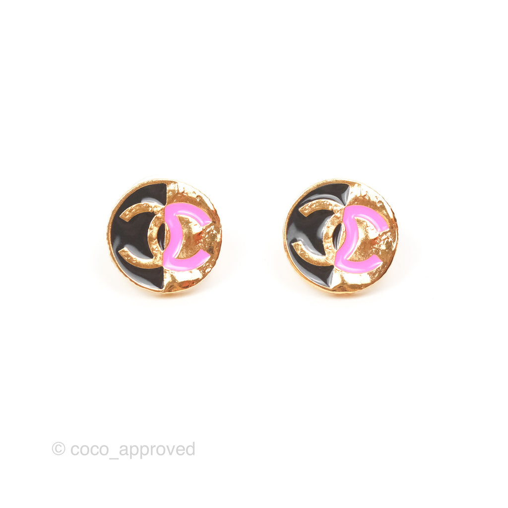 Chanel CC Round Earrings Black Pink Gold Tone 24C