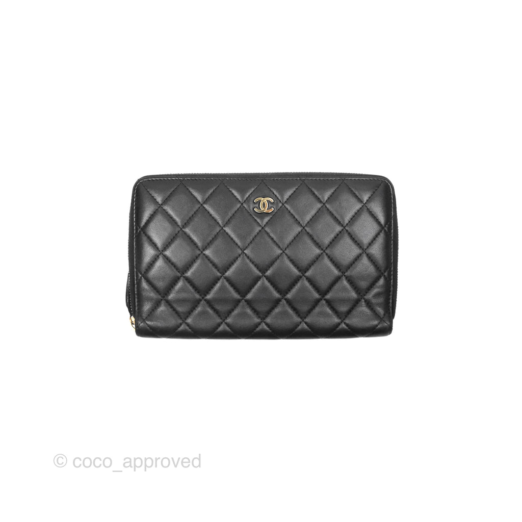 Chanel Zip Around Organiser Wallet Black Lambskin Gold Hardware