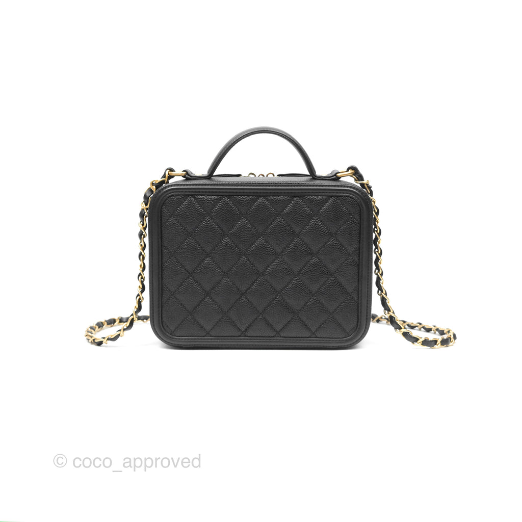 Chanel Quilted Medium CC Filigree Vanity Case Black Caviar Aged Gold Hardware