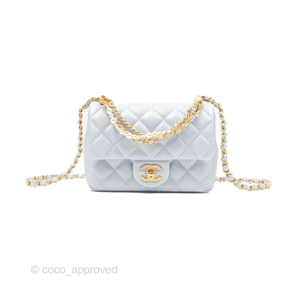 Chanel Mini Flap Bag with Pearl Chain Pearly Light Blue Lambskin Aged Gold Hardware 24P